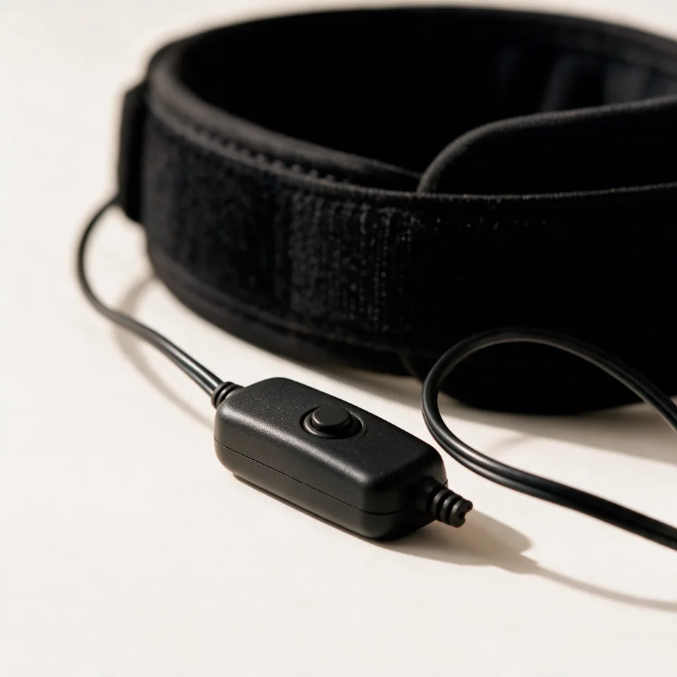 Close view of the attached inline controller and cord