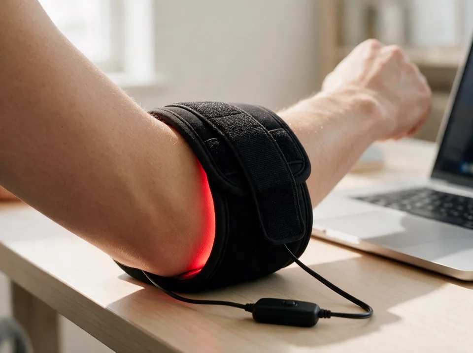 Band fastened around an elbow at a desk