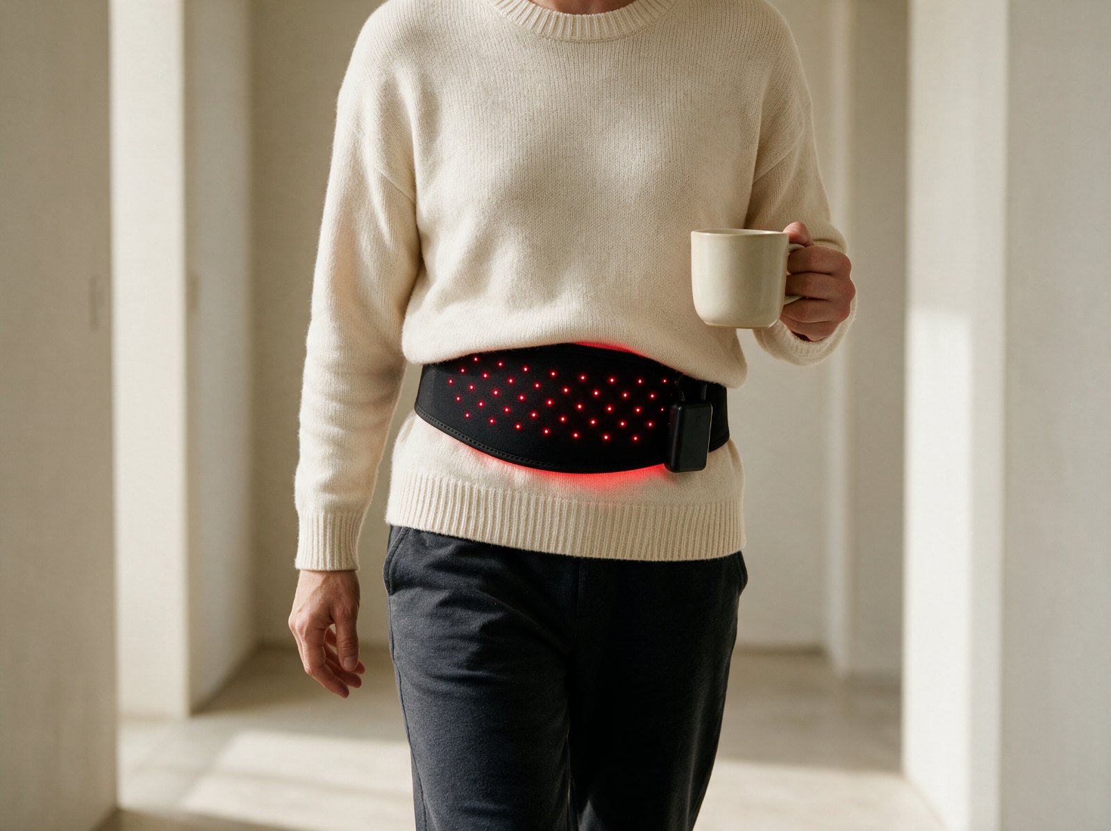 A person walking while wearing the Belt under a sweater