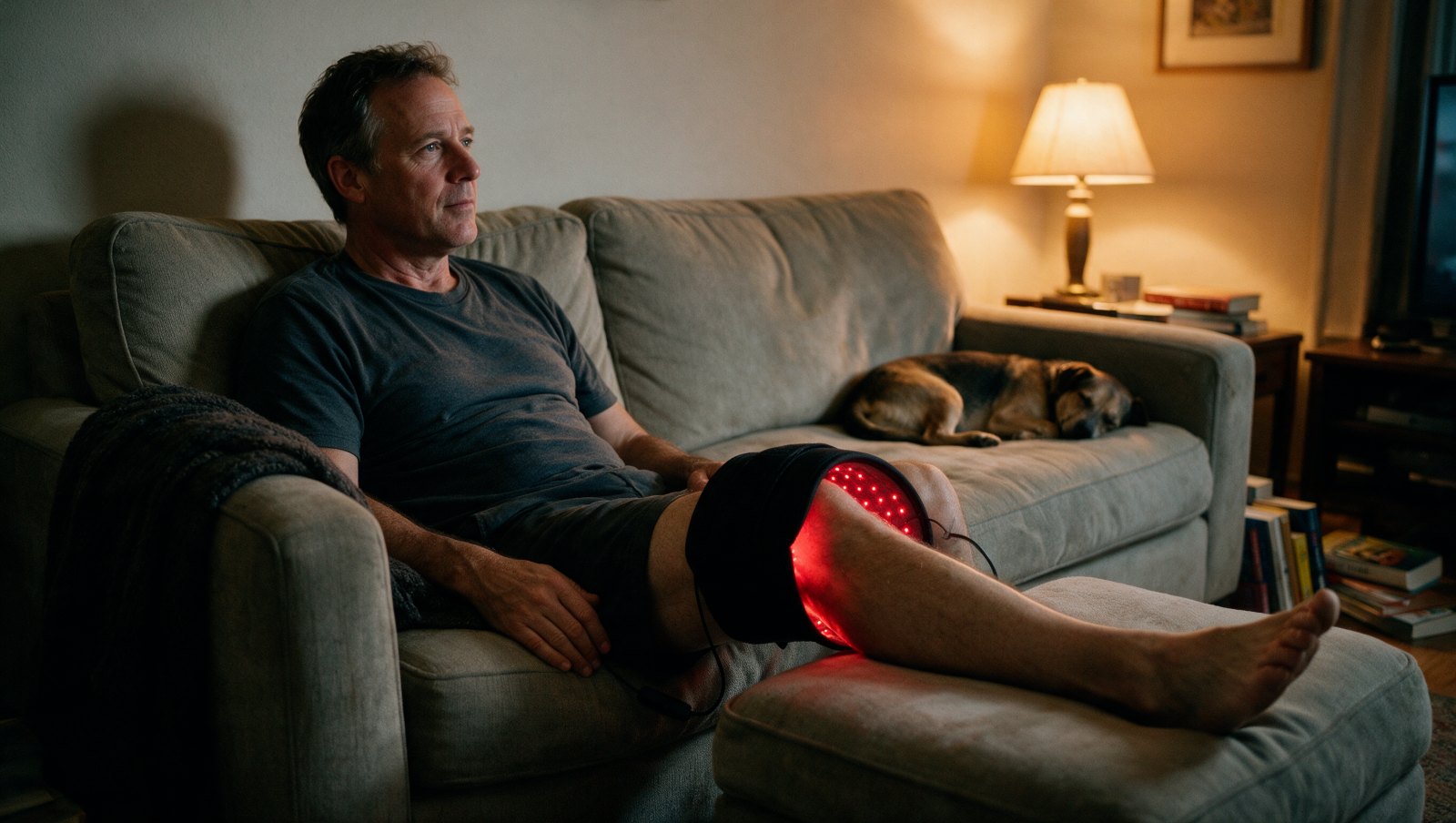 A man on his sofa in the evening with the Band on his knee, dog asleep beside him