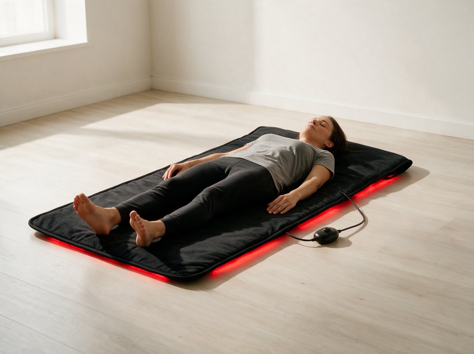 A person lying on the Mat on a wooden floor
