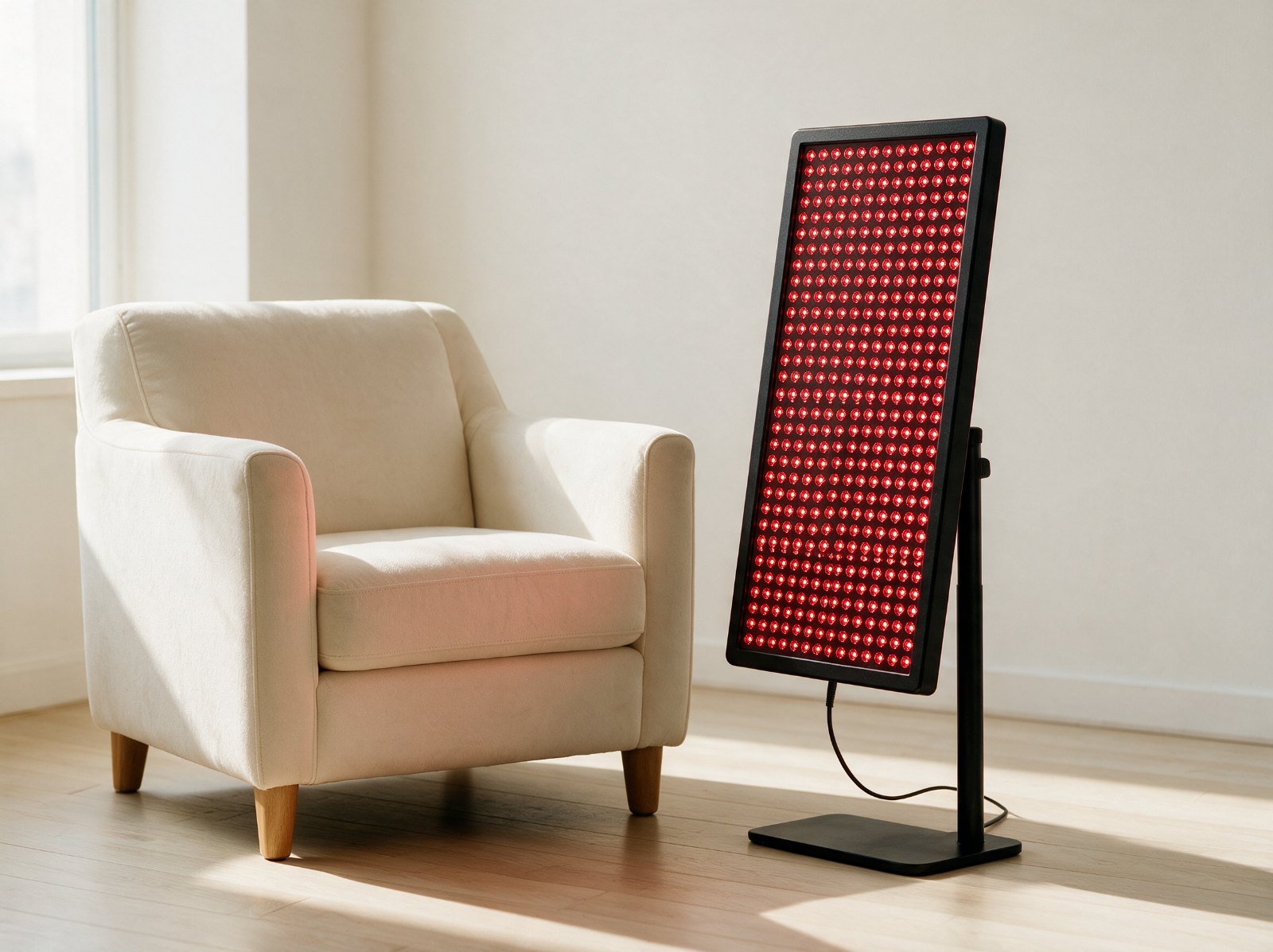 The Panel standing beside an armchair in a bright living room