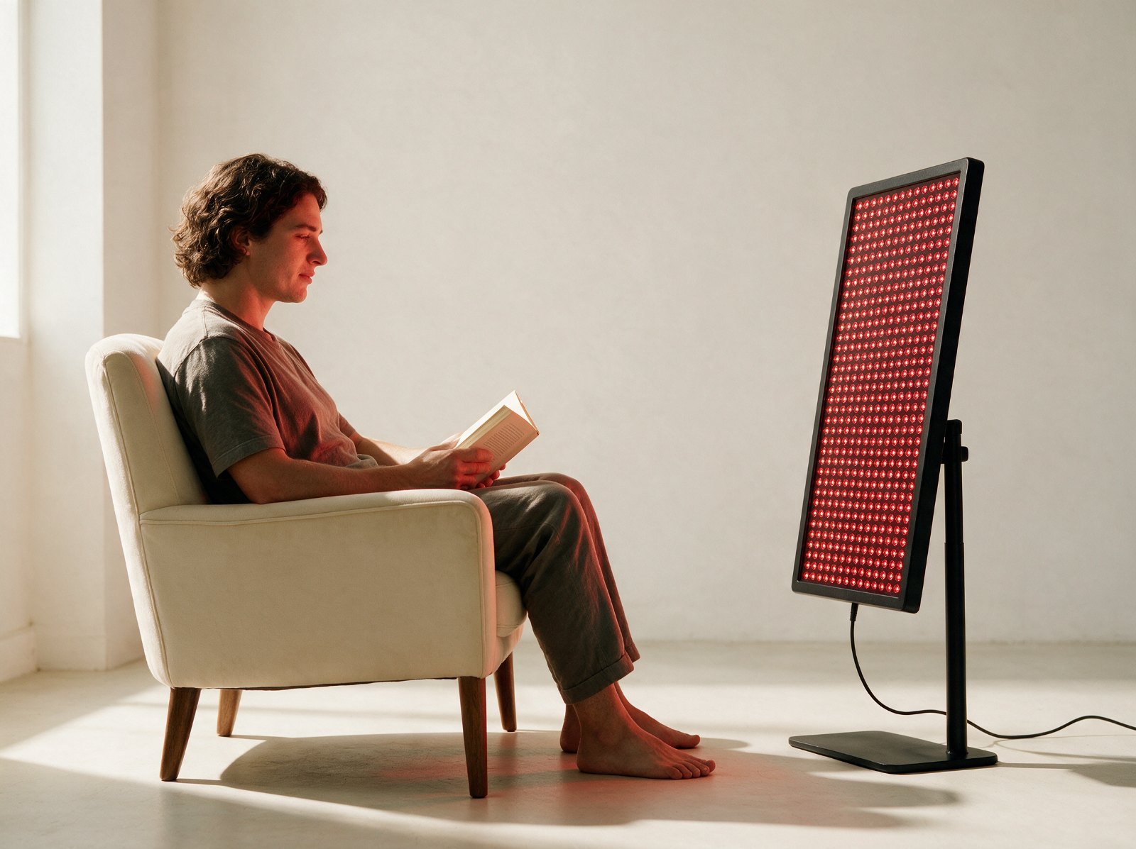 A person reading in an armchair with the Panel angled towards them